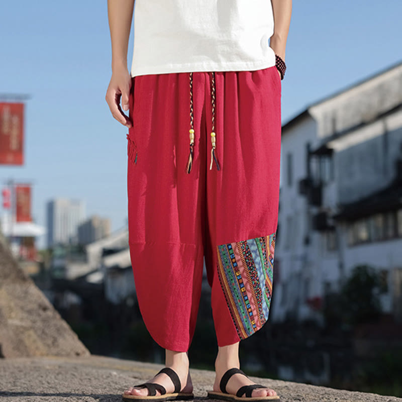 Pantaloni larghi da uomo in cotone con coulisse e tasche, motivo patchwork bohémien con Buddha Stones - image 16