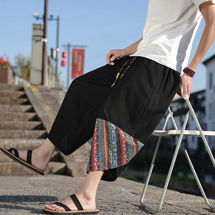Pantaloni larghi da uomo in cotone con coulisse e tasche, motivo patchwork bohémien con Buddha Stones - image 8