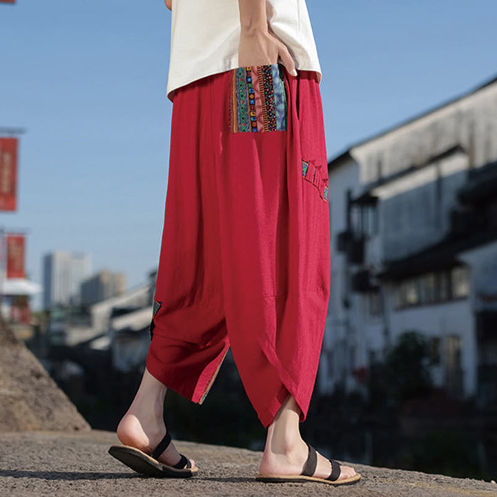 Pantaloni larghi da uomo in cotone con coulisse e tasche, motivo patchwork bohémien con Buddha Stones - image 19