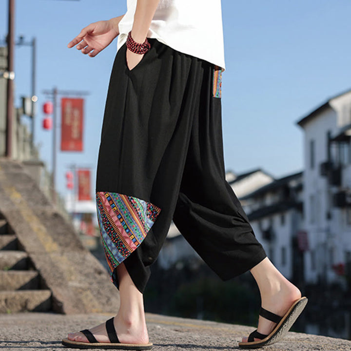 Pantaloni larghi da uomo in cotone con coulisse e tasche, motivo patchwork bohémien con Buddha Stones - image 5