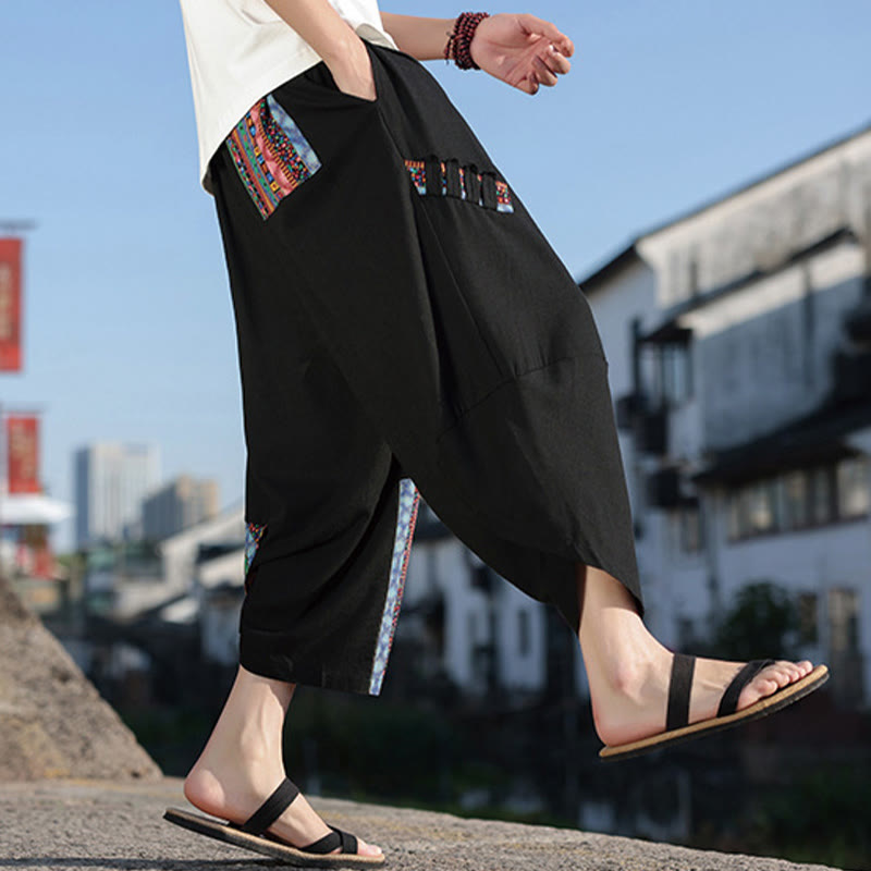 Pantaloni larghi da uomo in cotone con coulisse e tasche, motivo patchwork bohémien con Buddha Stones - image 1