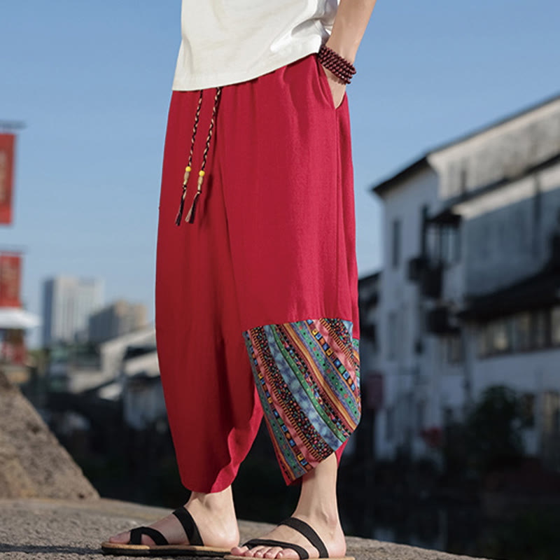 Pantaloni larghi da uomo in cotone con coulisse e tasche, motivo patchwork bohémien con Buddha Stones - image 18