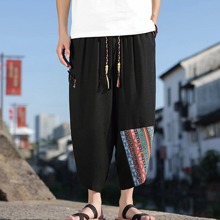 Pantaloni larghi da uomo in cotone con coulisse e tasche, motivo patchwork bohémien con Buddha Stones - image 3