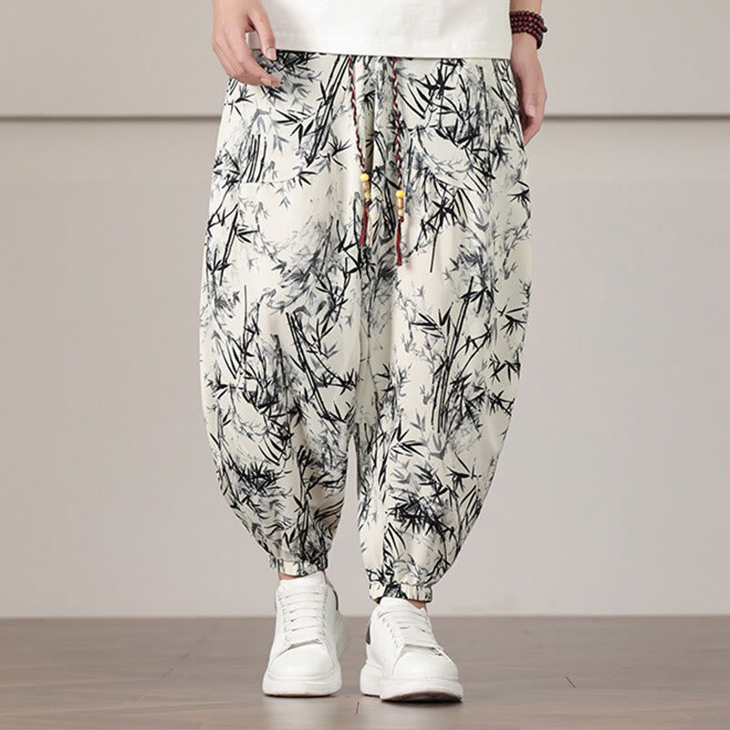 Pantaloni harem da uomo con coulisse e tasche con motivo a foglie di bambù Buddha Stones - Beige - US/UK/AU46, EU56 (5XL) - image 0