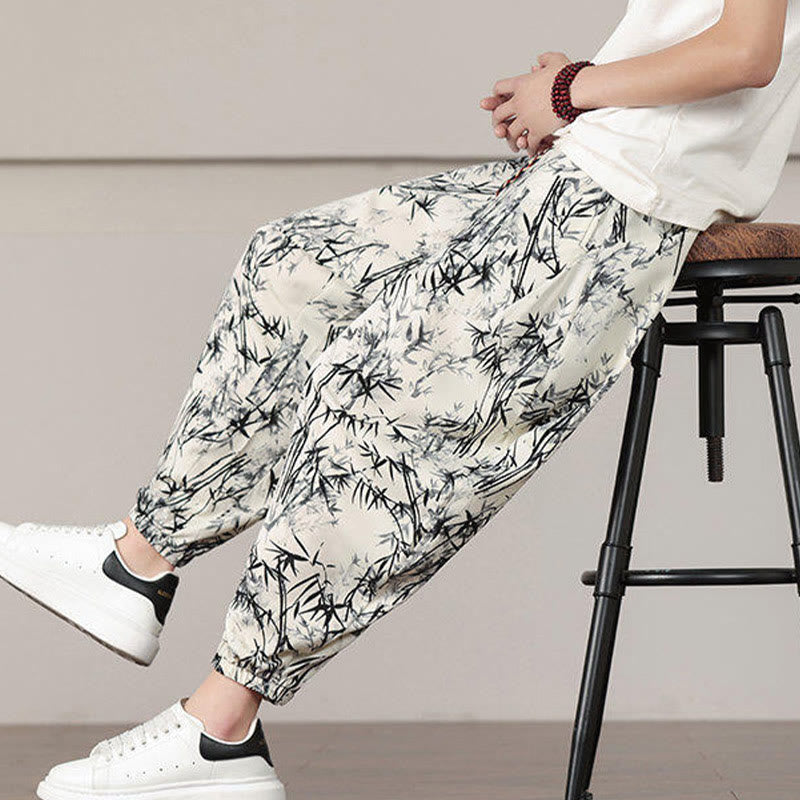 Pantaloni harem da uomo con coulisse e tasche con motivo a foglie di bambù Buddha Stones - image 9