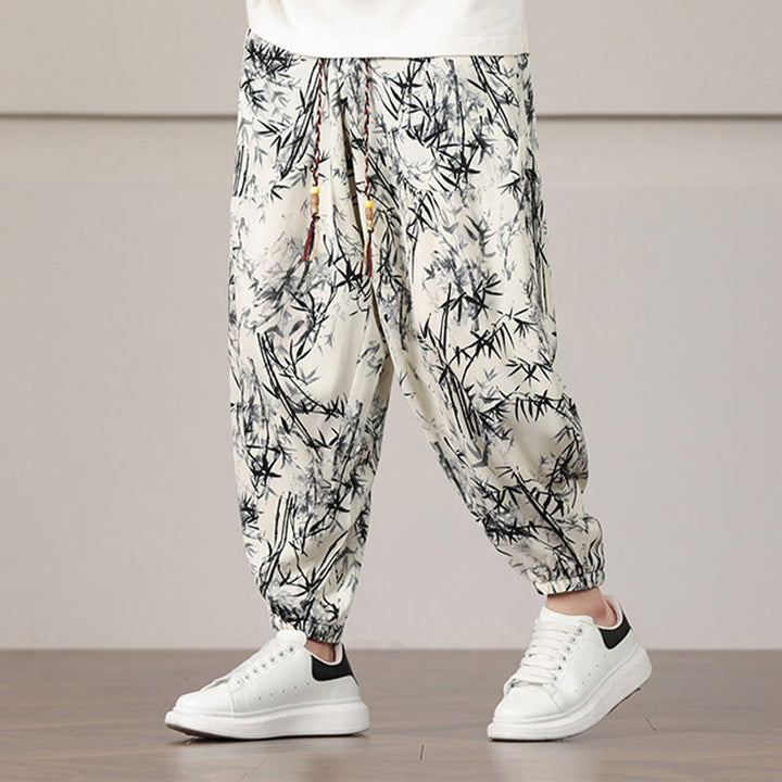 Pantaloni harem da uomo con coulisse e tasche con motivo a foglie di bambù Buddha Stones - image 2