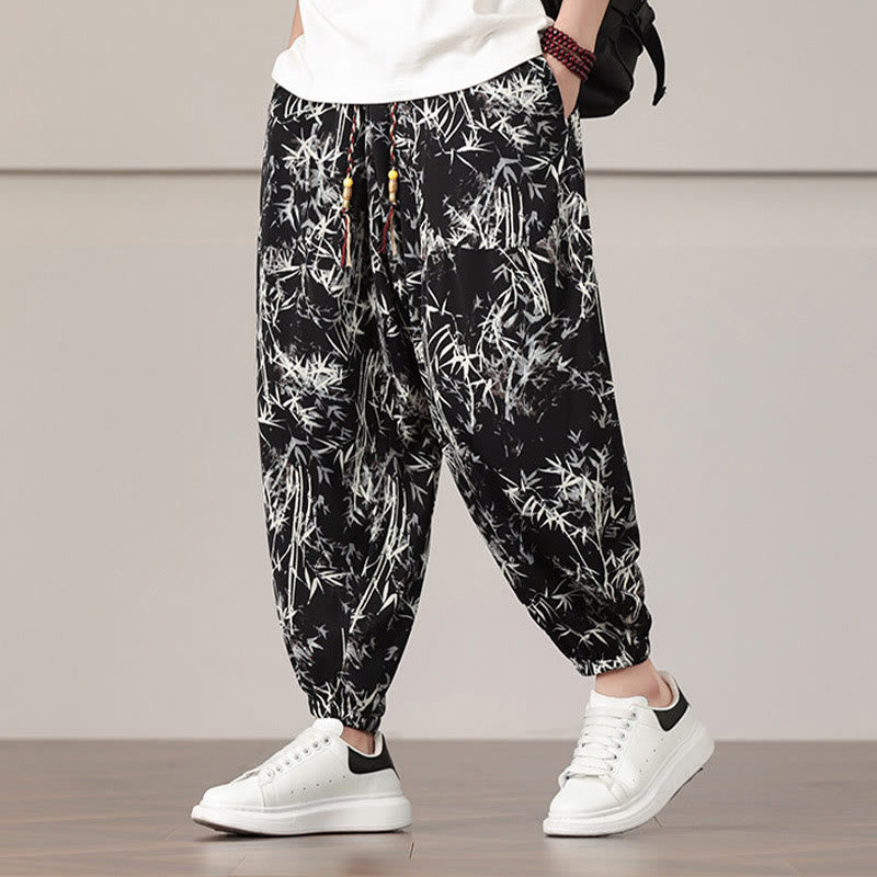 Pantaloni harem da uomo con coulisse e tasche con motivo a foglie di bambù Buddha Stones - image 11