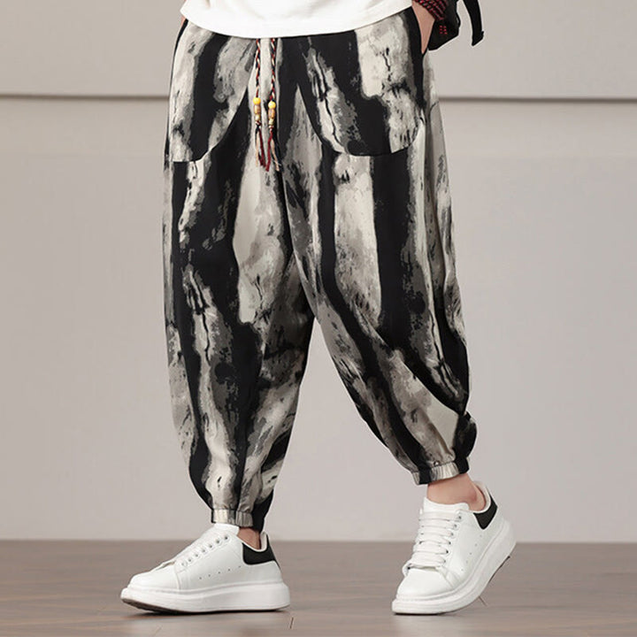 Pantaloni harem da uomo con coulisse e tasche con motivo a strisce Buddha Stones - image 1