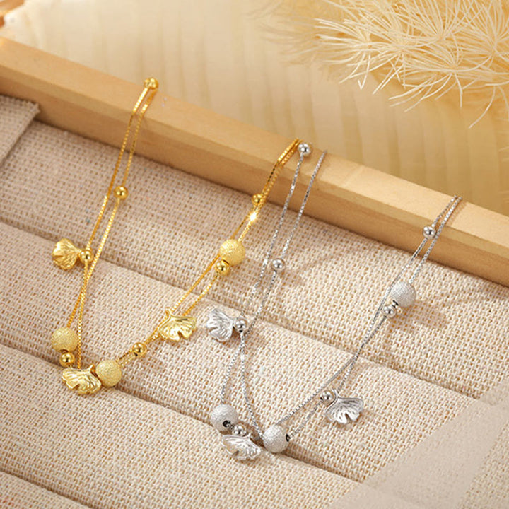Buddha Stones 925 Sterling Silver Ginkgo Leaf Doppio Strato di Protezione Cavigliera - image 1