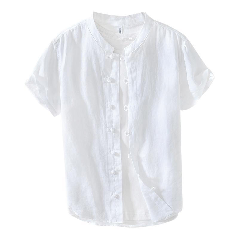 Camicia da uomo in lino a maniche corte con colletto alla coreana e bottoni a Buddha Stones Daily - image 12