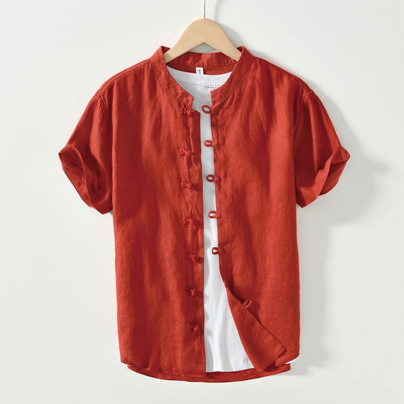 Camicia da uomo in lino a maniche corte con colletto alla coreana e bottoni a Buddha Stones Daily - Rosso - US/UK/AU42, EU52 (3XL) - image 23
