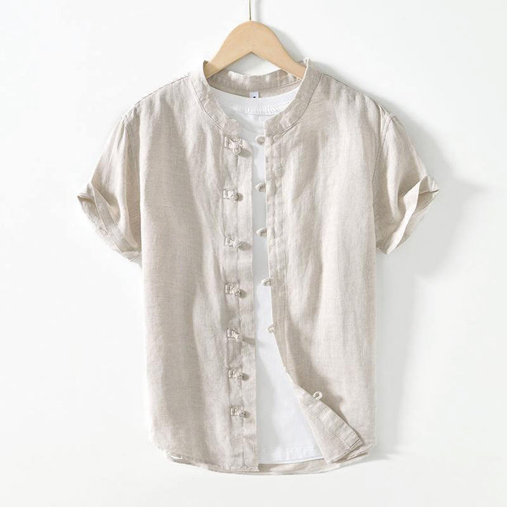 Camicia da uomo in lino a maniche corte con colletto alla coreana e bottoni a Buddha Stones Daily - Grigio chiaro - US/UK/AU42, EU52 (3XL) - image 13