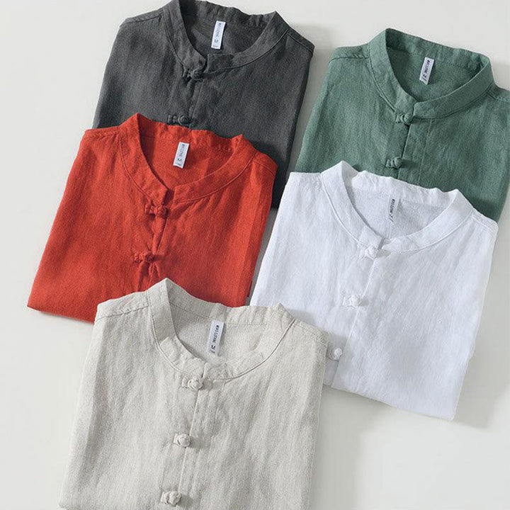 Camicia da uomo in lino a maniche corte con colletto alla coreana e bottoni a Buddha Stones Daily - image 29
