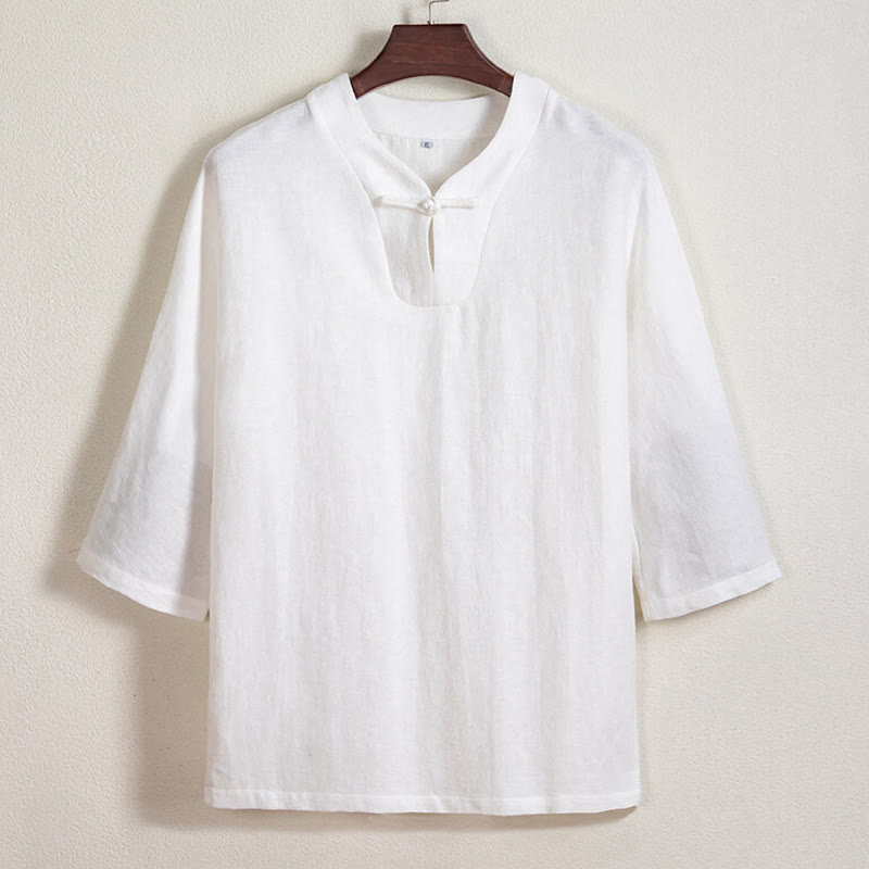 Camicia da uomo in lino con maniche a tre quarti e bottoni a rana bianchi Buddha Stones - Bianco - US/UK/AU44, EU54 (4XL) - image 0