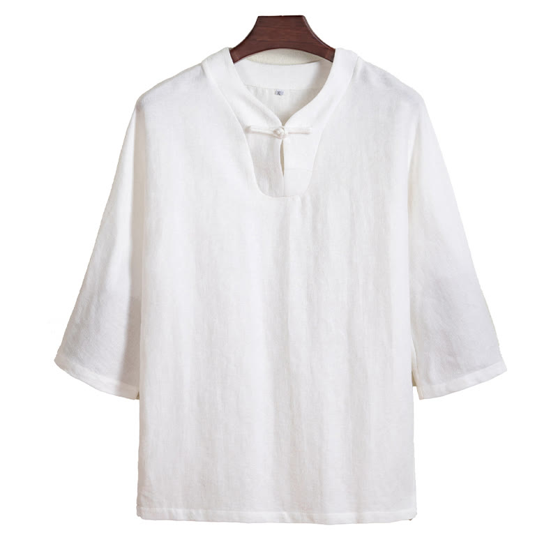 Camicia da uomo in lino con maniche a tre quarti e bottoni a rana bianchi Buddha Stones - image 6