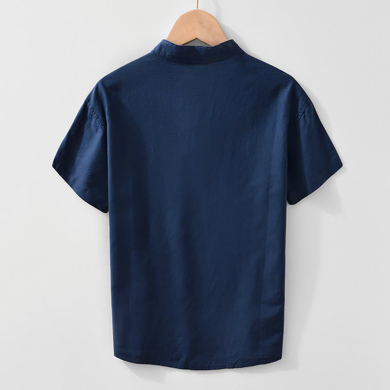 Camicia da uomo in cotone e lino con bottoni a mezza manica, modello Buddha Stones, morbida e semplice, con scollo a giro e bottoni a rana - image 6