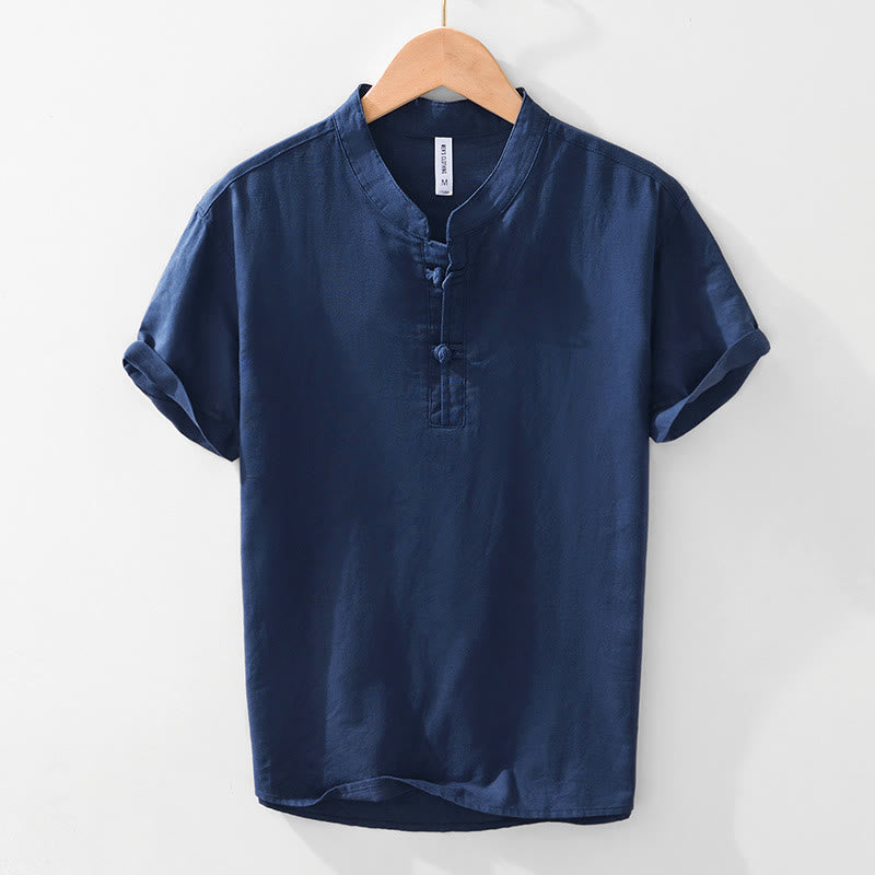 Camicia da uomo in cotone e lino con bottoni a mezza manica, modello Buddha Stones, morbida e semplice, con scollo a giro e bottoni a rana - Marina - US/UK/AU42, EU52 (3XL) - image 5