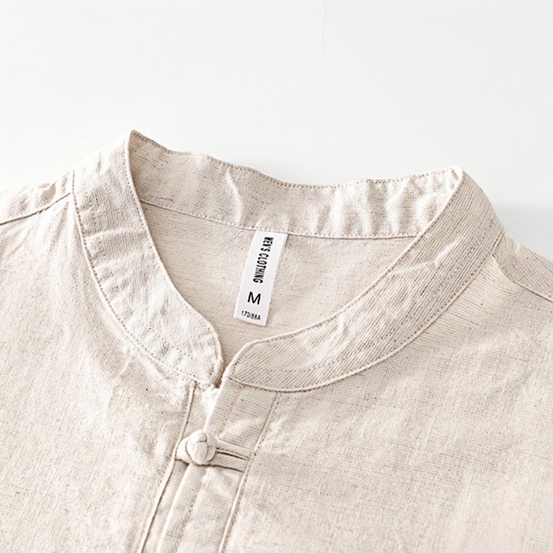 Camicia da uomo in cotone e lino con bottoni a mezza manica, modello Buddha Stones, morbida e semplice, con scollo a giro e bottoni a rana - image 1