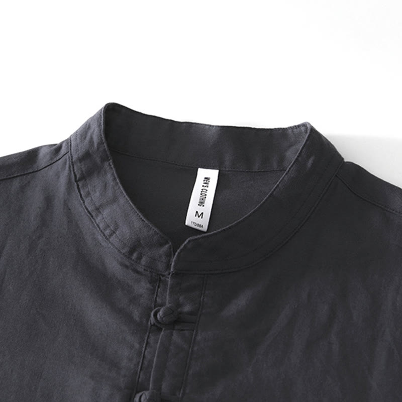 Camicia da uomo in cotone e lino con bottoni a mezza manica, modello Buddha Stones, morbida e semplice, con scollo a giro e bottoni a rana - image 11