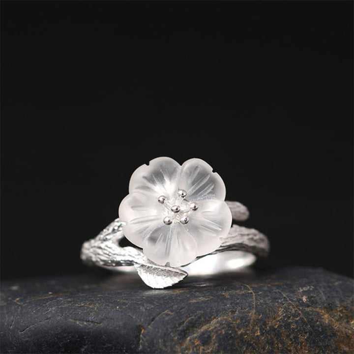 Anello di guarigione regolabile con fiore scheletro di cristallo bianco in argento sterling 925 Buddha Stones - Stile argento (diametro interno 17,5 mm) - image 0