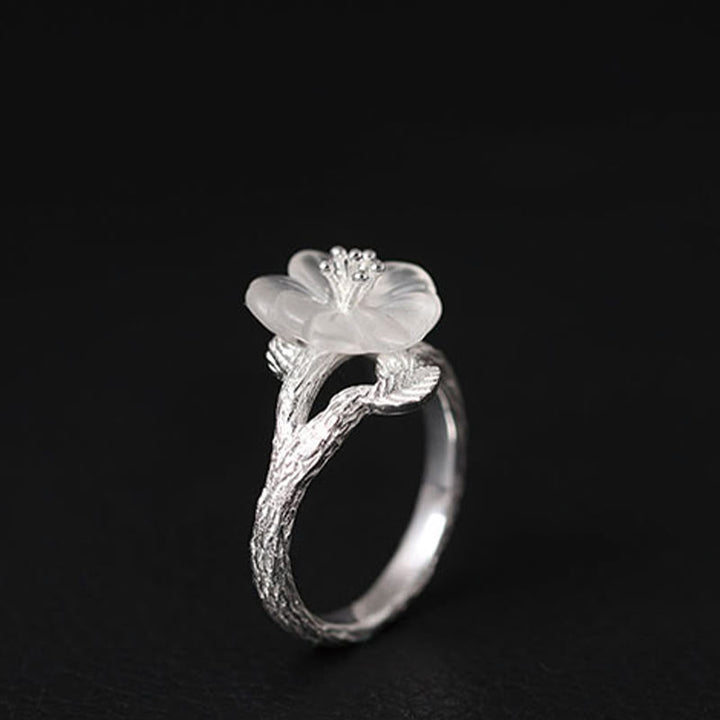 Anello di guarigione regolabile con fiore scheletro di cristallo bianco in argento sterling 925 Buddha Stones - image 2