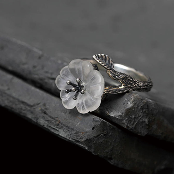 Anello di guarigione regolabile con fiore scheletro di cristallo bianco in argento sterling 925 Buddha Stones - image 10