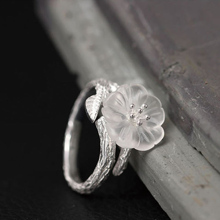 Anello di guarigione regolabile con fiore scheletro di cristallo bianco in argento sterling 925 Buddha Stones - image 3