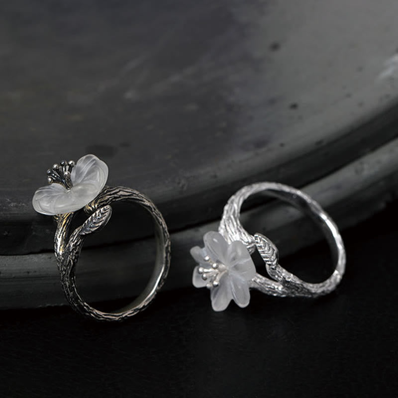 Anello di guarigione regolabile con fiore scheletro di cristallo bianco in argento sterling 925 Buddha Stones - image 11