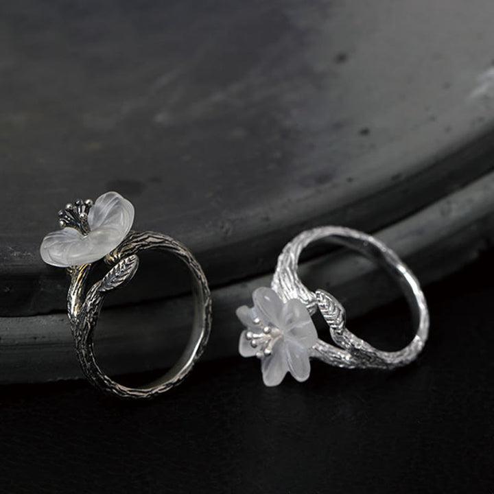 Anello di guarigione regolabile con fiore scheletro di cristallo bianco in argento sterling 925 Buddha Stones - image 11