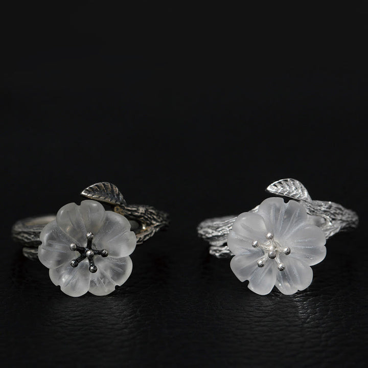 Anello di guarigione regolabile con fiore scheletro di cristallo bianco in argento sterling 925 Buddha Stones - image 1