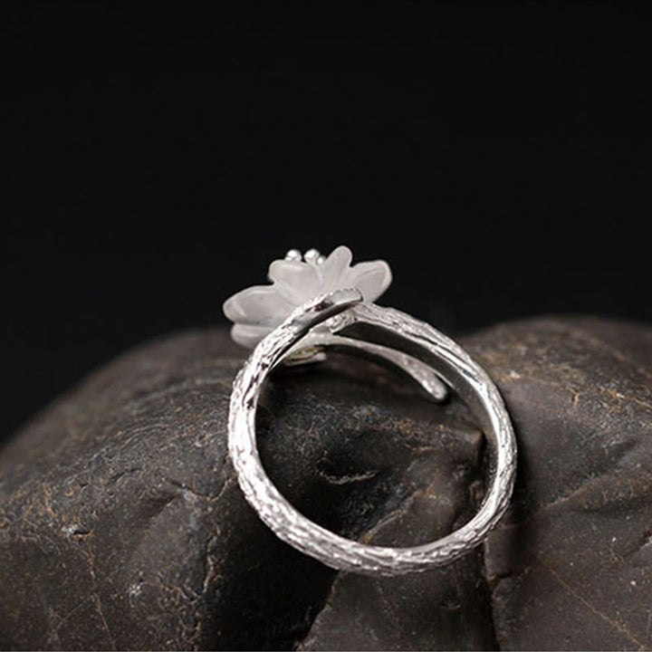 Anello di guarigione regolabile con fiore scheletro di cristallo bianco in argento sterling 925 Buddha Stones - image 6