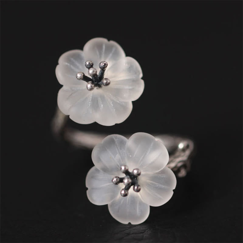 Anello di protezione regolabile con doppio fiore di prugna in cristallo bianco in argento sterling 925 Buddha Stones - Stile retrò (diametro interno 16,4-17,8 mm) - image 6