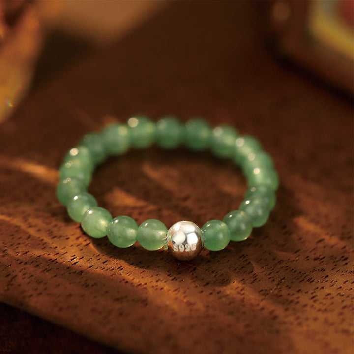 Buddha Stones 925 Sterling Silver Crystal Beads White Jade Black Onyx Blessing Anello elastico