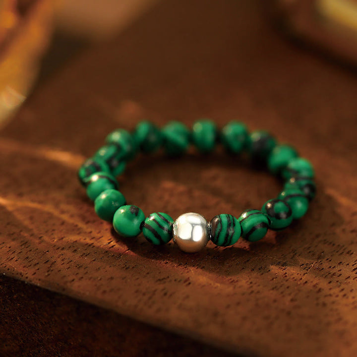 Buddha Stones 925 Sterling Silver Crystal Beads White Jade Black Onyx Blessing Anello elastico