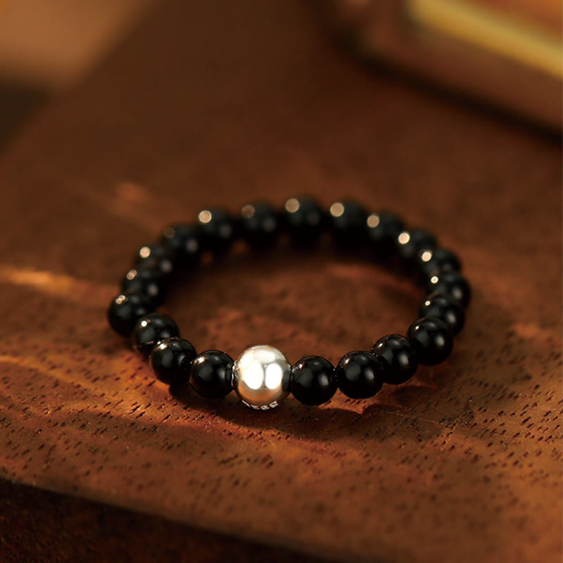 Buddha Stones 925 Sterling Silver Crystal Beads White Jade Black Onyx Blessing Anello elastico