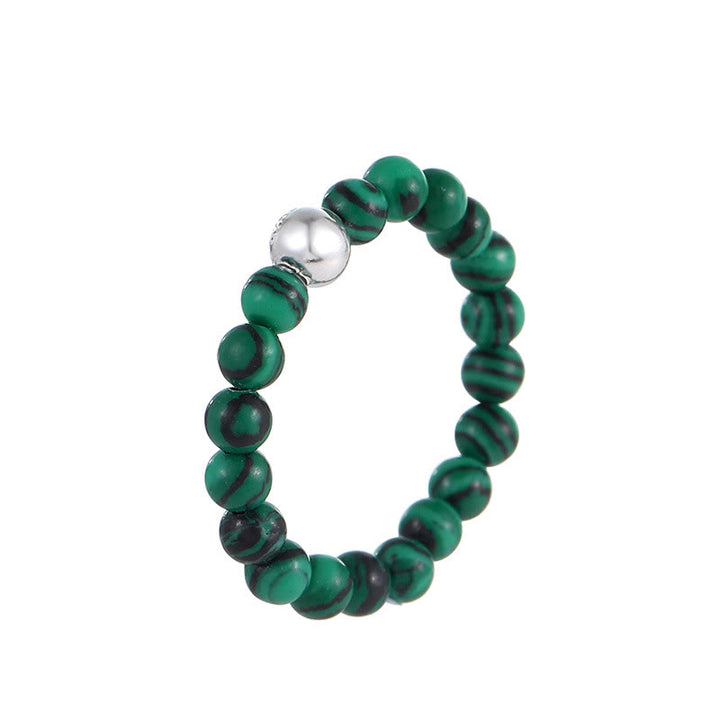Buddha Stones 925 Sterling Silver Crystal Beads White Jade Black Onyx Blessing Anello elastico