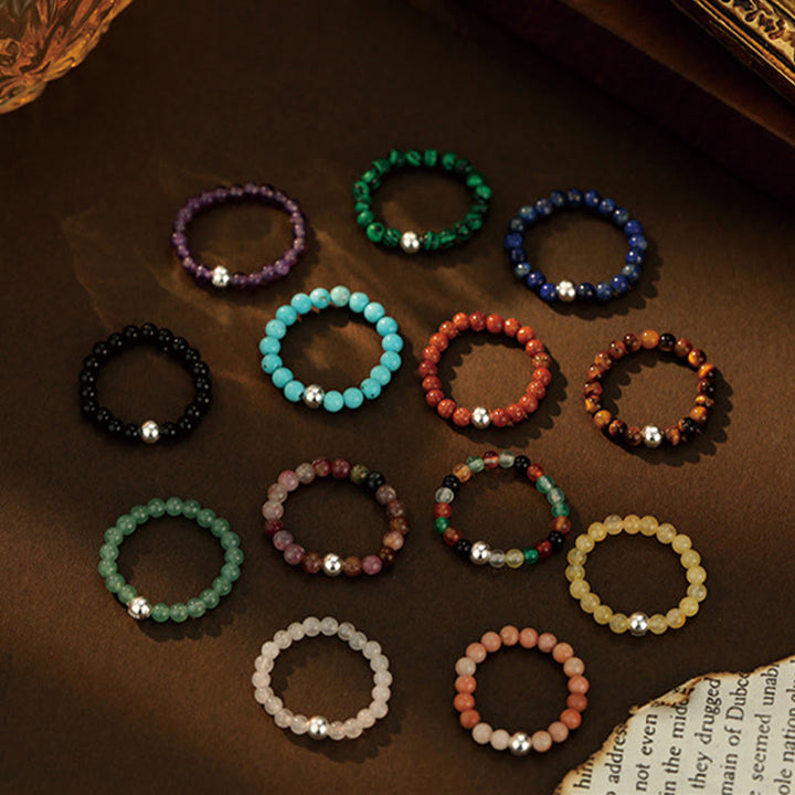 Buddha Stones 925 Sterling Silver Crystal Beads White Jade Black Onyx Blessing Anello elastico