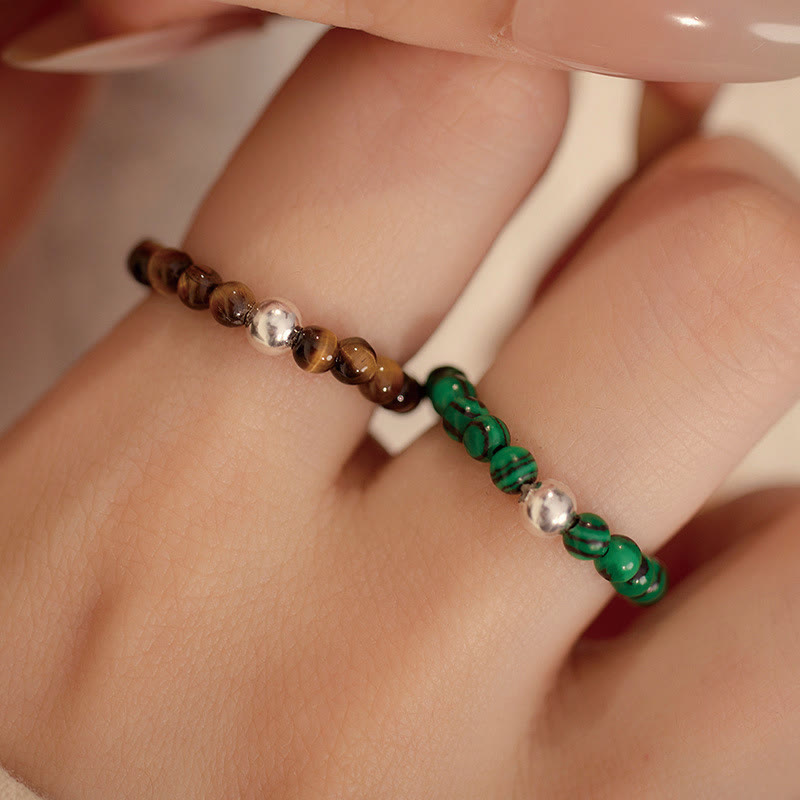Buddha Stones 925 Sterling Silver Crystal Beads White Jade Black Onyx Blessing Anello elastico