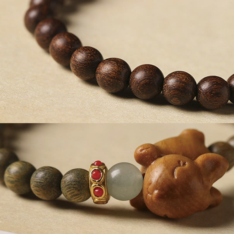Braccialetto positivo con coniglio carino in legno di sandalo verde e oro Buddha Stones