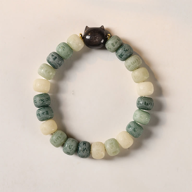 Braccialetto della saggezza con testa di gatto in ossidiana lucida in argento intagliato , semi di Bodhi, Om Mani Padme Hum - Semi di Bodhi verde 8*10 mm (circonferenza del polso 14-16 cm) - image 10
