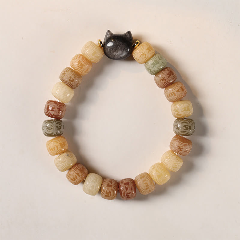 Braccialetto della saggezza con testa di gatto in ossidiana lucida in argento intagliato , semi di Bodhi, Om Mani Padme Hum - image 2