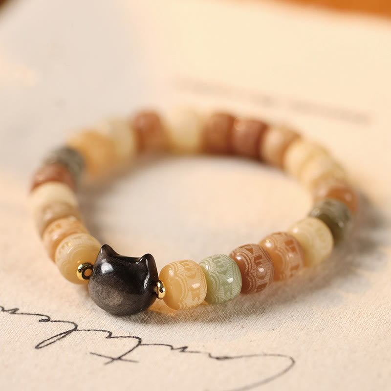 Braccialetto della saggezza con testa di gatto in ossidiana lucida in argento intagliato , semi di Bodhi, Om Mani Padme Hum - Semi di Bodhi gialli 8*10 mm (circonferenza del polso 14-16 cm) - image 1