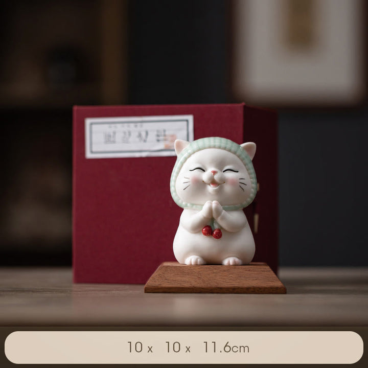 Buddha Stones Lucky Cute Cat In Sciarpa Decorazione Figurina in Ceramica - Gatto + base in legno (scatola regalo) - image 22