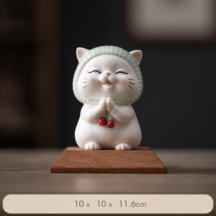 Buddha Stones Lucky Cute Cat In Sciarpa Decorazione Figurina in Ceramica - Gatto + base in legno 10*10*11,6 cm - image 12