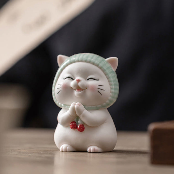 Buddha Stones Lucky Cute Cat In Sciarpa Decorazione Figurina in Ceramica - image 2