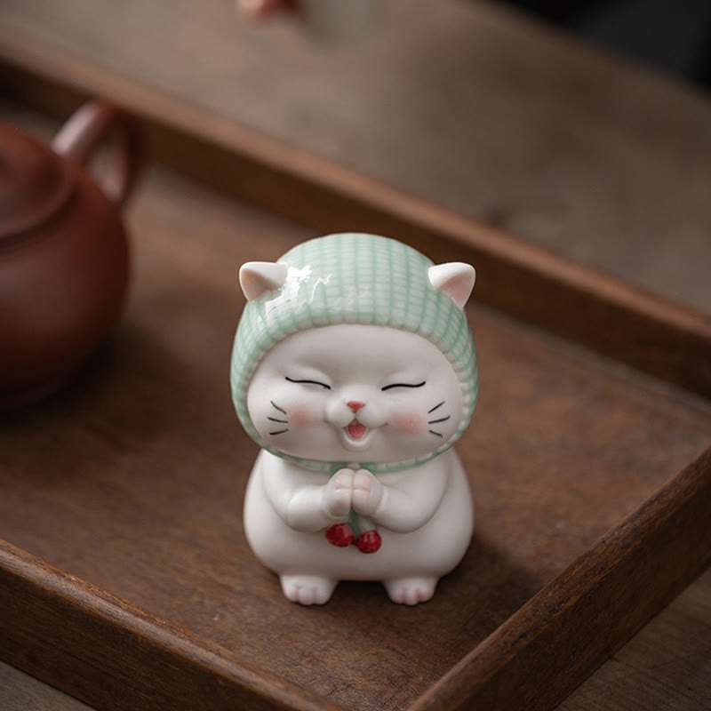 Buddha Stones Lucky Cute Cat In Sciarpa Decorazione Figurina in Ceramica - image 1