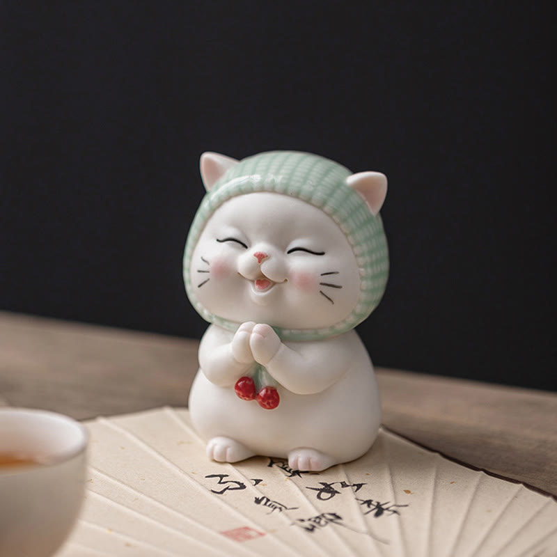 Buddha Stones Lucky Cute Cat In Sciarpa Decorazione Figurina in Ceramica - image 7
