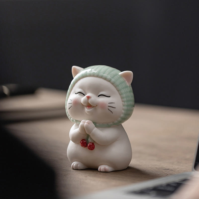 Buddha Stones Lucky Cute Cat In Sciarpa Decorazione Figurina in Ceramica - image 8