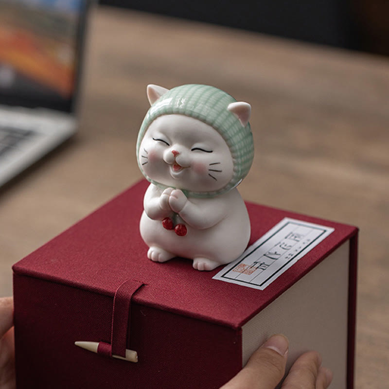 Buddha Stones Lucky Cute Cat In Sciarpa Decorazione Figurina in Ceramica - image 20