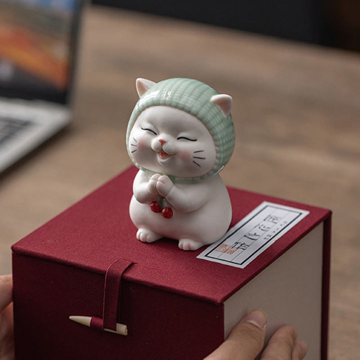 Buddha Stones Lucky Cute Cat In Sciarpa Decorazione Figurina in Ceramica - image 20